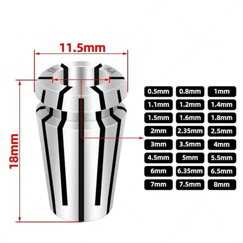 Premium ER11 Collet Chuck Set With Precision 0.003 Accuracy for 0.5 to 8mm sizes with size markings and dimensions.