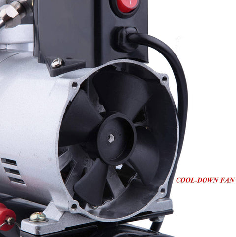 Close-up of cooling fan on oil-free mini airbrush compressor with 3L tank, for nail art, cake decorating, and more