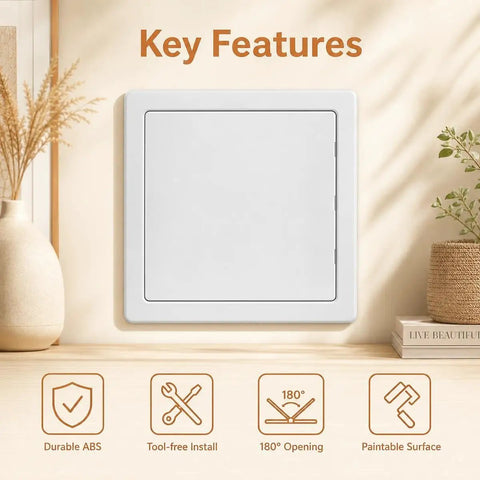 Rock Solid 12 Inch Abs Plastic Hinged Access Panel Waterproof Wall Cover Door For Bathrooms And Kitchens shown on a wall with features.