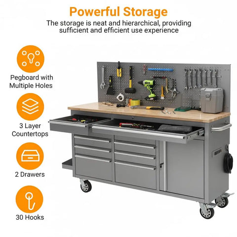 61 Inch Rolling Tool Chest With 10 Drawers And Power Strip, mobile garage workbench cabinet with solid wood top and tools