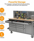 61 Inch Rolling Tool Chest With Ten Drawers For Garage, Heavy Duty Mobile Workbench Storage Cabinet With Power Strip, Solid Wood Top, Fits 1675 Lbs, Rugged Steel Construction, Ideal For Tools And Equipment, front view with tools displayed