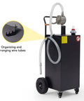 40 Gallon Portable Diesel Fuel Caddy With Manual Transfer Pump Easy Pour Four Wheel Tank Great For Cars Mowers ATVs Boats And More Durable Black Not For Gasoline Built To Roll On Any Jobsite Or Dock On The Go showing side view with hose.