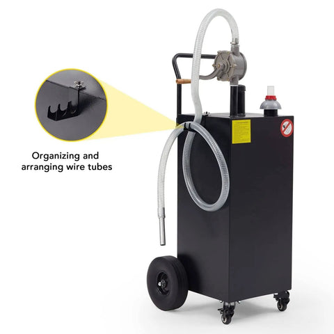 40 Gallon Portable Diesel Fuel Caddy With Manual Transfer Pump Easy Pour Four Wheel Tank Great For Cars Mowers ATVs Boats And More Durable Black Not For Gasoline Built To Roll On Any Jobsite Or Dock On The Go showing side view with hose.