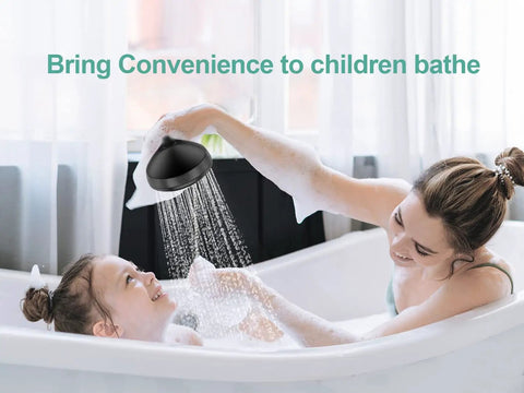 Single-Handle Shower Faucet Kit With Built-In Power Wash For Tub, Tile And Pets in use for child bath, matte black trim.