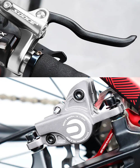 Close-up of Dual Piston Hydraulic Mountain Bike Brakes Set Left Front 1000mm And Right Rear 1700mm With Aluminum Alloy MTB Calipers.