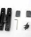 Two Pack Matte Black Concealed Door Hinges With Eighty Kilogram Rating And Three Way Adjustability For Heavy Wood Doors featuring hinge and installation screws.