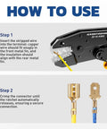 Instructional guide for Pro Grade Crimping Tool For Non Insulated Open Barrel Terminals And Receptacles Ratchet Wire Crimper For AWG 22 To 10 Easy Precise Crimp With Shell Safe Indentation HS 5327 showing wire insertion and crimping steps.