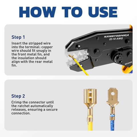 Instructional guide for Pro Grade Crimping Tool For Non Insulated Open Barrel Terminals And Receptacles Ratchet Wire Crimper For AWG 22 To 10 Easy Precise Crimp With Shell Safe Indentation HS 5327 showing wire insertion and crimping steps.
