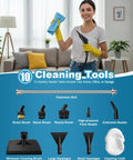 Hefty Handheld Steam Cleaner With Badass 2500 Watt Power And Snappy Fifteen Second Heat Up For Killer Grease Removal And No Sweat Deep Cleaning On Windows Tile And Cars Around Your Place, shown with various cleaning tools.