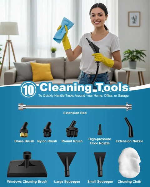 Hefty Handheld Steam Cleaner With Badass 2500 Watt Power And Snappy Fifteen Second Heat Up For Killer Grease Removal And No Sweat Deep Cleaning On Windows Tile And Cars Around Your Place, shown with various cleaning tools.