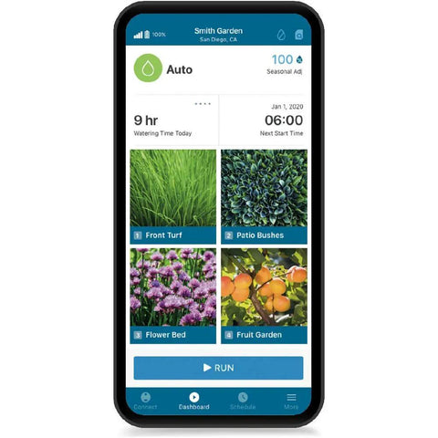 Smartphone displaying Bluetooth Battery Powered Sprinkler Controller With Solenoid, Waterproof Irrigation Timer app interface
