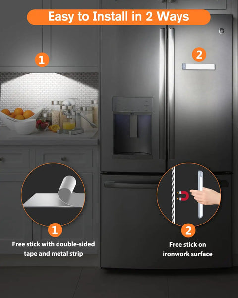 Installation of Ultra Thin 30 LED Under Cabinet Lighting with Motion Sensor on fridge using magnet and under cabinet using tape.