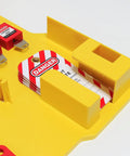 Close-up of Lockout Tagout Station with Cover, showing yellow PC plastic, padlocks, and safety tags, wall-mount setup.
