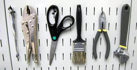 Standard Slotted Hook Pack For Pegboard And Slotted Tool Boards, tools hanging on pegboard with heavy duty metal hooks and black finish.