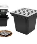 Catch Basin With Stainless Steel Grate And Debris Basket Large 18x18x15 Inch Drainage Basin for yard, downspout, lawn, and French drain.