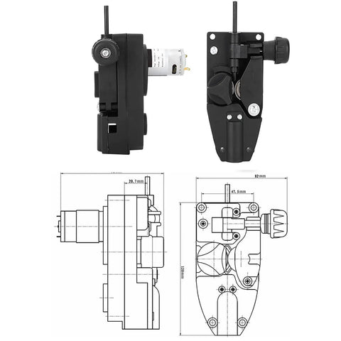 Wire Feeder For Soldering And MIG Welding DC 24V 10W Wire Feed Motor For 0.8 1.0mm Welding Wire, side view and schematics