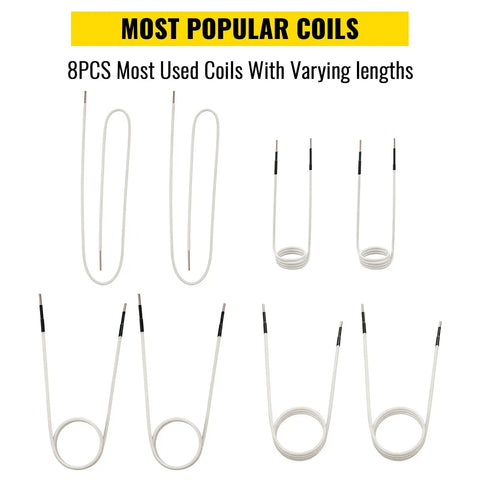Induction Heater Coil Kit Set With 8 Coils For No Flame Heat And Rusty Bolt Removal displayed with varying lengths on white background