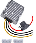 Level Up Your Ride With This Hella Efficient DC DC Step Down Converter Dropping 48 To 12 Volts At 20 Amps For Golf Carts And Utility Trailers, silver aluminum housing with wiring.
