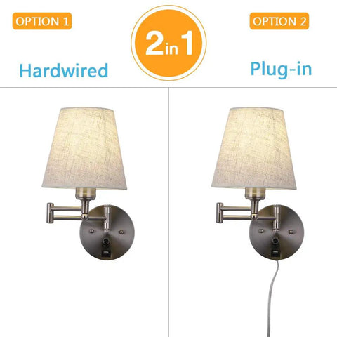 Bedside Wall Mount Light With Dimmable Switch And USB Port Swing Arm Fabric Shade Wall Sconce With Plug In Cord for bedroom