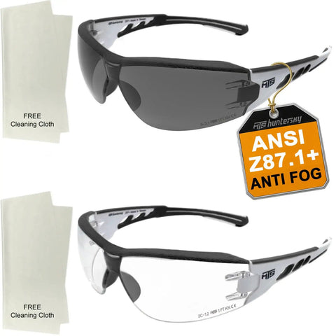 Ultra Flexible Anti Fog Wraparound Safety Glasses, 2 Pack With Clear And Smoke Lenses, Soft Touch Comfort For Lab And Workshop, ANSI Z87.1 Safety, Scratch Resistant, All Day Comfort shown with cleaning cloths