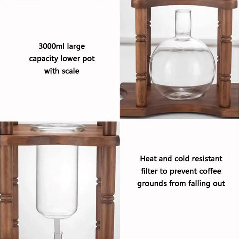Badass Cold Brew Drip Tower Holds 25 Cups With Solid Wood Base, Slow Drip Ice Coffee Maker view showing 3000ml lower pot and filter.
