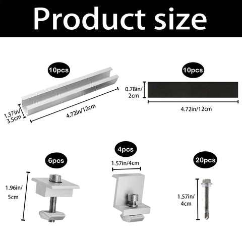 Image showing components from the All In One Aluminum Solar Panel Mounting Kit With 120mm Rails, including sizes and quantities.