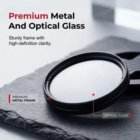 Magnetic CPL Phone Camera Filter Kit With Quick Mount Polarizing Filter featuring premium metal and optical glass on slate.