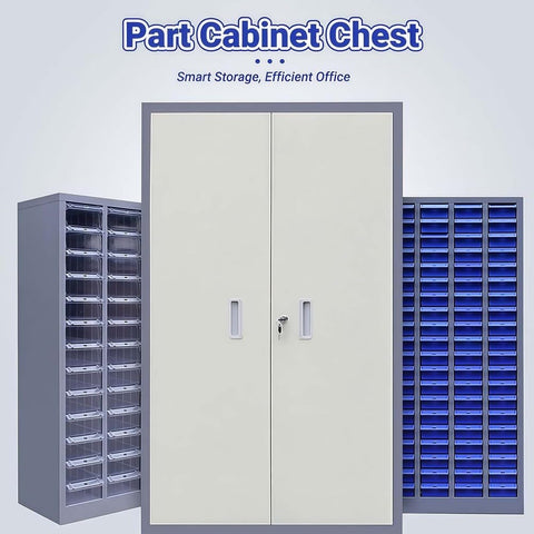 Heavy Duty Metal Parts Cabinet With Fifty Two Smooth Gliding Drawers Built Legit Tough For Bolt Nut Hardware Sorting And Top Shelf Workshop Garage Storage displayed with closed doors and blue drawer trays.