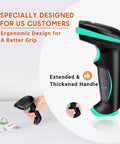 Versatile Wireless And USB 2.0 1D Laser Barcode Scanner with ergonomic design and battery level indicator, blue and black color