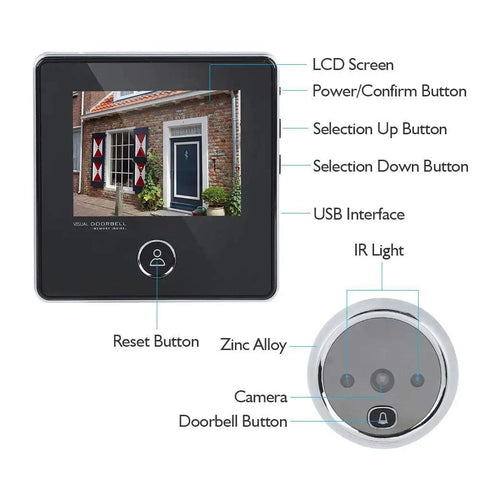 No-Nonsense Digital Door Peephole Viewer and Video Doorbell With 3MP Camera showing LCD screen and zinc alloy camera setup diagram.