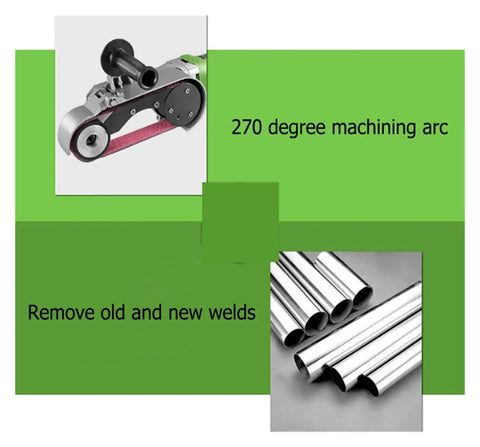 Heavy Duty Electric Tube Belt Sander For Industrial Pipe Grinding And Polishing, features 270-degree arc for weld removal.