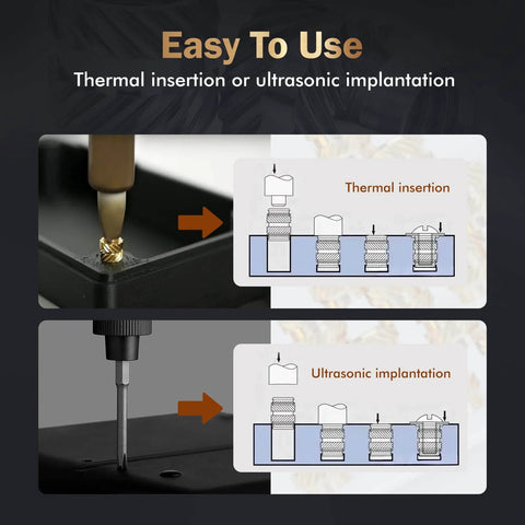 Diagram showing thermal and ultrasonic implantation methods for 350 Pcs Brass Heat Set Threaded Inserts Kit For Plastic And 3D Printing M2 To M6.