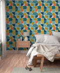 Top Shelf Modern Geometric PVC Free Professional Wallcovering Durable Polyester Linen Finish High Traffic Kitchens Bathrooms Hallways Simple Paste To Paper Wallpaper on bedroom wall with colorful geometric pattern.