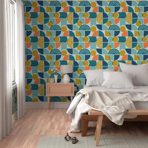 Top Shelf Modern Geometric PVC Free Professional Wallcovering Durable Polyester Linen Finish High Traffic Kitchens Bathrooms Hallways Simple Paste To Paper Wallpaper on bedroom wall with colorful geometric pattern.