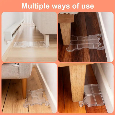 Two Pack Clear Acrylic Sofa Wall Spacers Keep Paint Fresh And Block Deep Scratches With Reusable Invisible Gap Push Backers That Lock Couches Tight To Walls For A Dope Home Setup used under a couch leg on hardwood floor.