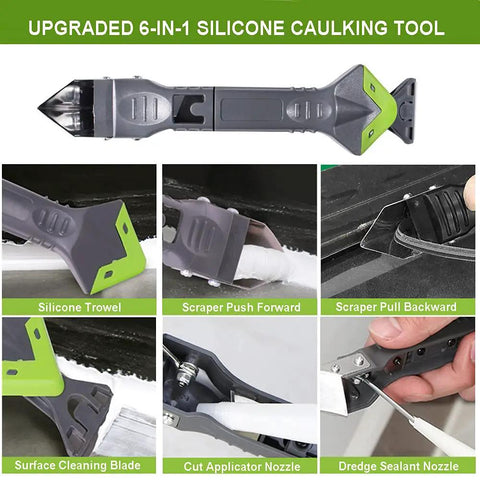 Five In One Caulk Remover Tool With Stainless Head For Silicone Sealant Removal And Grout Scraping, DIY Friendly Built In Cutter, Steel Needle, Triangular Scraper And Finishing Trowel For Bathroom Kitchen Window Sills