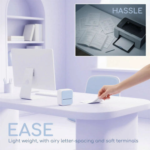 Incredible Mini Portable Thermal Label Maker Machine With Wireless Bluetooth Printing For iOS And Android Smart Phones Inkless Tech on a desk with documents.