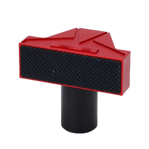 Close-up of an Aluminum Bench Dog Clamp Set with a black soft rubber pad in red casing for woodworking table clamp kit