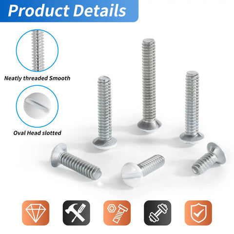 Top Shelf 120 Piece White Wall Plate Screw Kit With Four Standard Thread Sizes For Outlet Covers Light Switches And Faceplate Fasteners No Sweat Setup Smooth Install Daily—Zinc plated oval head slotted screws.