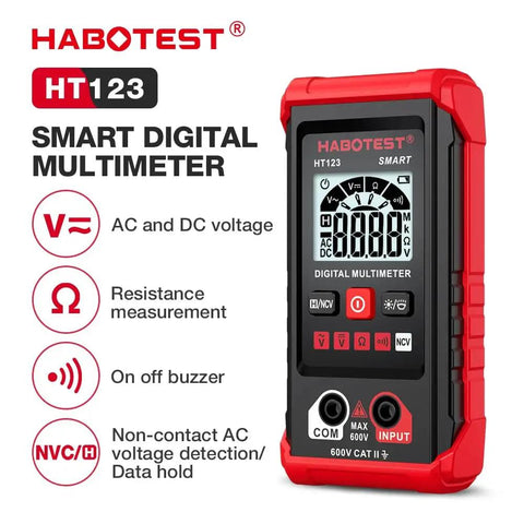 Your Go To Digital Multimeter With LED Backlight Non Contact Voltage Detection Auto Range Shifting And High Precision DC And AC Voltage Current And Resistance Measurements For DIY And Pro Projects displaying digital screen and features