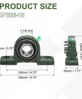 Self Aligning Pillow Block Bearing With One And One Eighth Inch Bore, Solid Cast Iron Base, Chrome Steel Flange Mounted, ABEC 3 Precision, Includes M3 Wrench And Grease Nipple Cap, shown with product dimensions and side view.