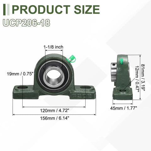 Self Aligning Pillow Block Bearing With One And One Eighth Inch Bore, Solid Cast Iron Base, Chrome Steel Flange Mounted, ABEC 3 Precision, Includes M3 Wrench And Grease Nipple Cap, shown with product dimensions and side view.