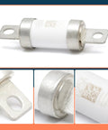 Straight Up Heavy Duty High Voltage Automotive Fuse Replacement For New Energy Electric Vehicles Using 500 Volt 2000 Amp Inline Block With Knockout Short Circuit Protection Gearhead Approved. White inline fuse with metal ends rated at 25A.