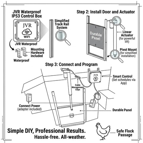Diagram of Smart WiFi Automatic Chicken Coop Door With App Control, showing installation steps and control box details.