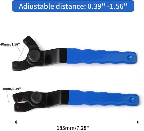 Hardcore Adjustable Pin Spanner Wrench For Angle Grinders With Rock Solid Handle And Sweat Free Disc Swap Kit Forged From Premium Chisel Tool Steel Measuring Seven Point Two Five Inches In Bold Blue, showing adjustable distance.