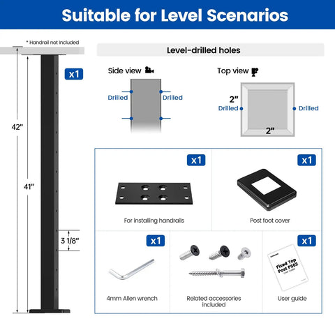 Killer Black Cable Railing Post Surface Mount Deck Railing Kit with level-drilled holes and included accessories, 42 inches tall.