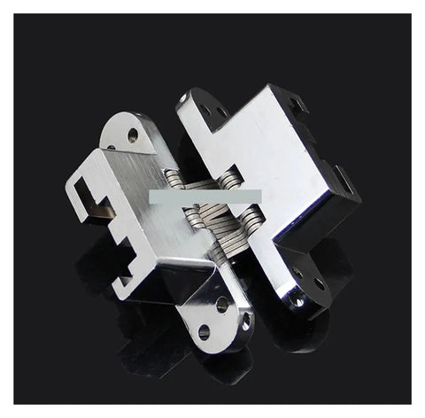 Top Shelf Heavy Duty Stainless Steel Hidden Cross Door Hinges Featuring Fully Invisible Concealed Folding Mechanism Crafted For Maximum Load Capacity And Easy No Sweat Install shown from top angle.