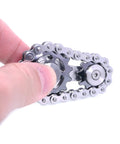 Dope Sprocket Linkage Bike Chain Fidget Spinner With Two Gears, Stainless Steel Premium Mechanic Toy For Fingers, Durable Metal Spin Toy Gray Edition With Satisfying Mechanical Chain Sound And Stress Relief. stainless steel finger fidget with two gears held by hand