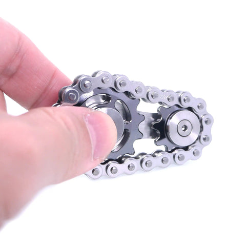 Dope Sprocket Linkage Bike Chain Fidget Spinner With Two Gears, Stainless Steel Premium Mechanic Toy For Fingers, Durable Metal Spin Toy Gray Edition With Satisfying Mechanical Chain Sound And Stress Relief. stainless steel finger fidget with two gears held by hand
