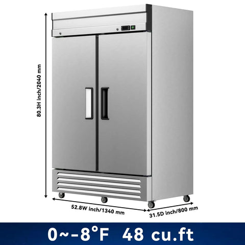Heavy Duty Two Door Reach In Commercial Freezer 49 Cu Ft Stainless Steel Upright Deep Freeze with dimensions and details.